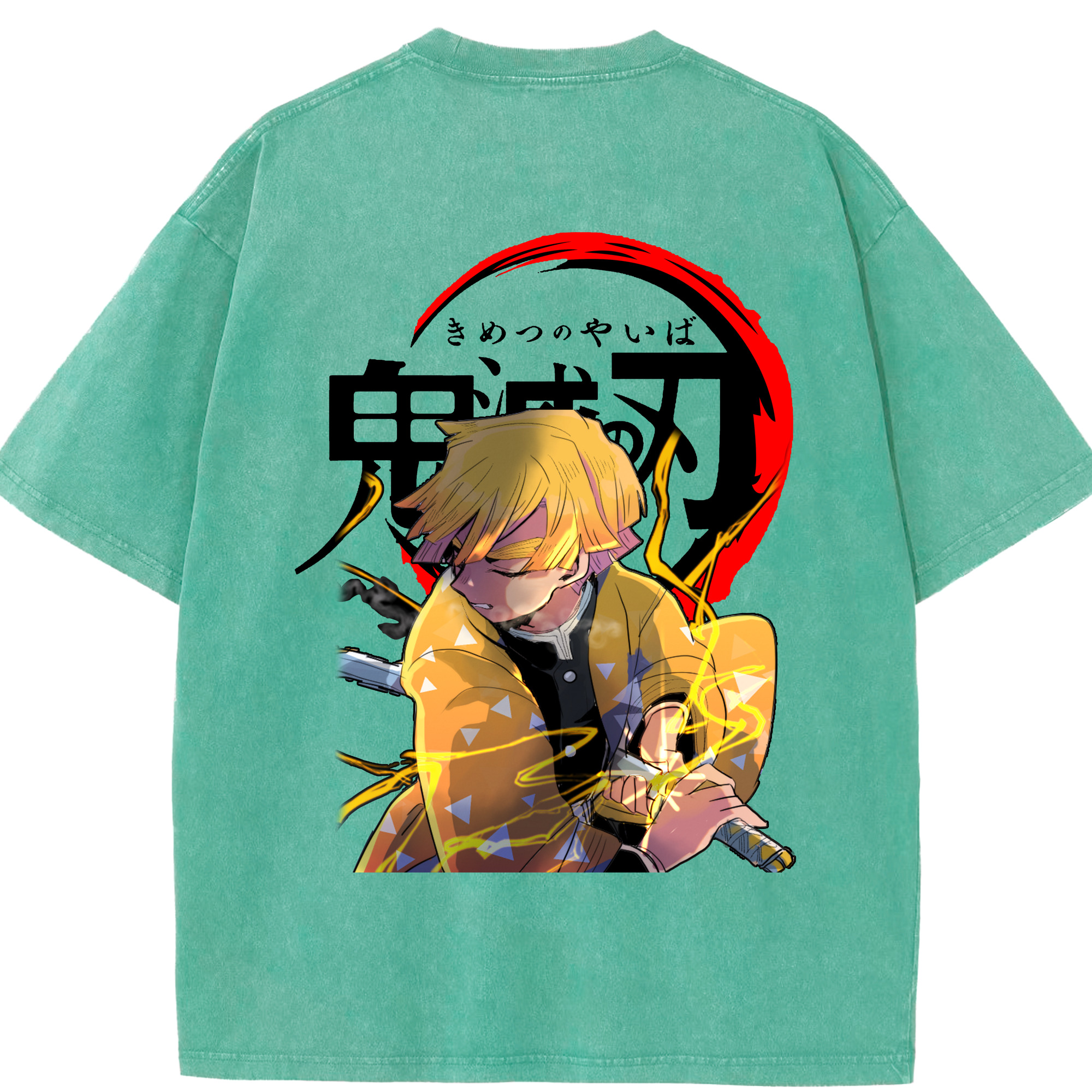 （画像用） 鬼滅の刃（きめつのやいば）我妻 善逸／あがつま ぜんいつ Agatsuma Zenitsu 綿100% ヴィンテージ風 半袖Tシャツ（背面プリント）